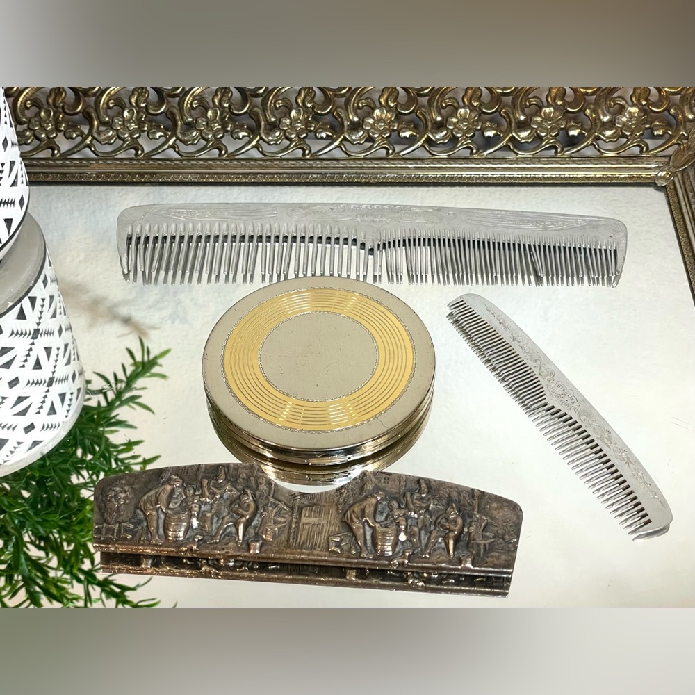 Vintage Antique Silver and Gold Grooming Set Vanity Display. Combs & Compact.